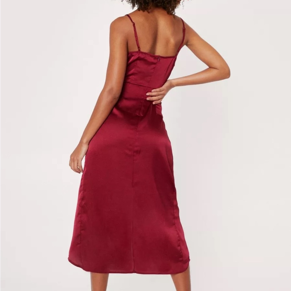 Nasty Gal Burgundy Satin Spaghetti Adjustable Strap Midi Wrap Dress Sz 2 - Picture 12 of 13